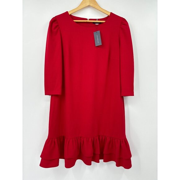 Tommy Hilfiger Shift Puff Sleeve Dress Ruffle Hem Red 16 NEW - Picture 1 of 6